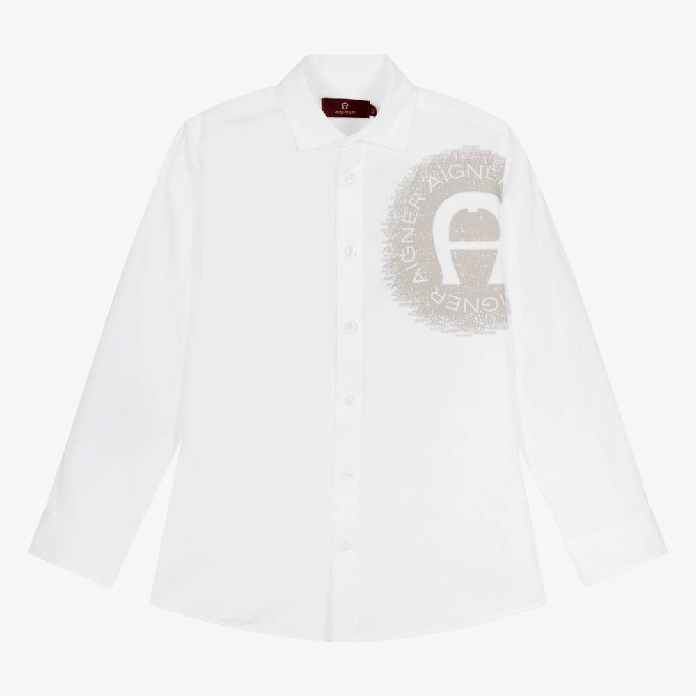 AIGNER - Chemise blanche et beige en coton | Childrensalon