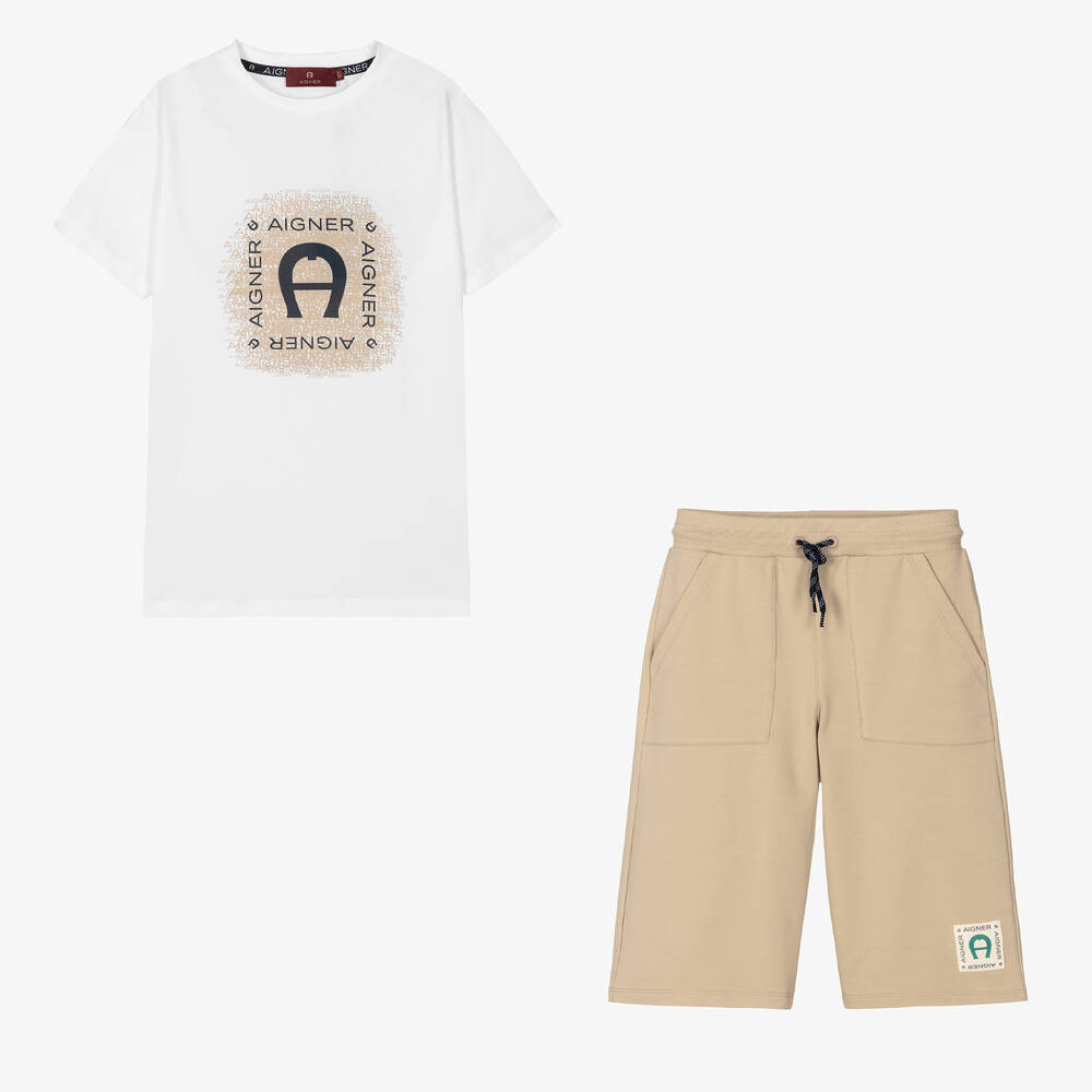 AIGNER - Teen Boys White & Beige Cotton Shorts Set | Childrensalon