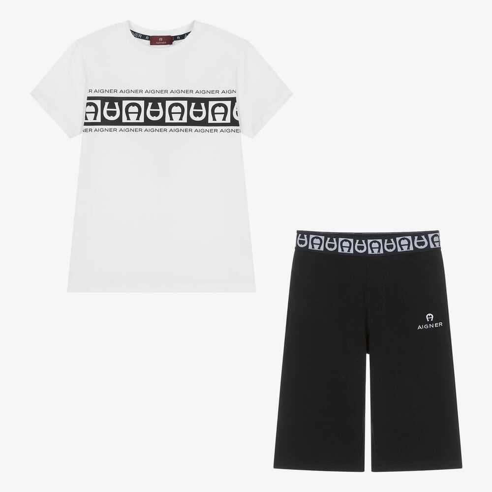 AIGNER - Ensemble short coton blanc et noir ado | Childrensalon