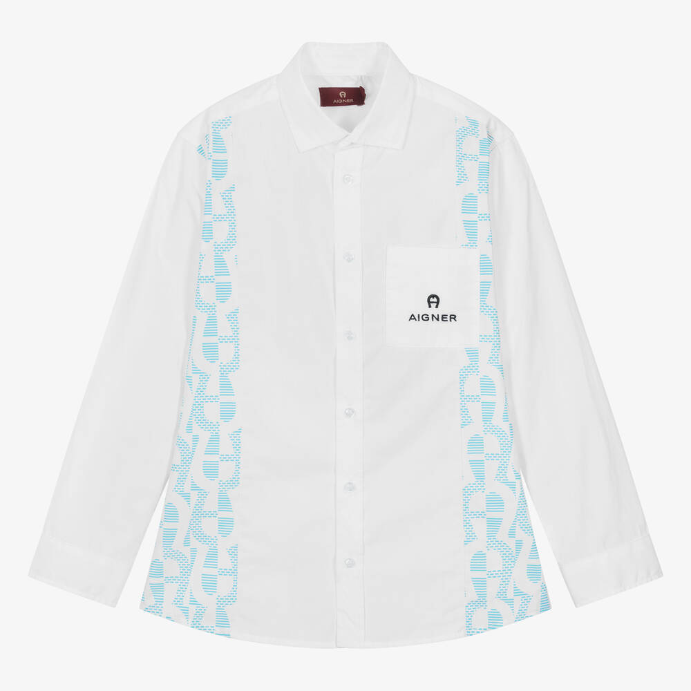 AIGNER - Teen Boys White & Blue Cotton Shirt | Childrensalon