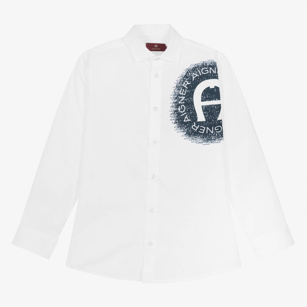 AIGNER - Teen Boys White & Blue Cotton Shirt | Childrensalon