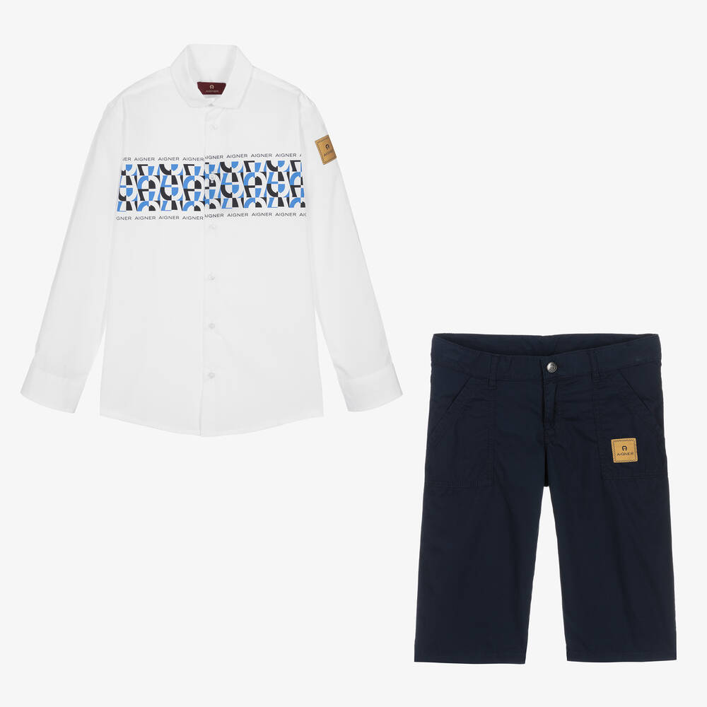 AIGNER - Teen Boys White & Blue Cotton Shorts Set | Childrensalon