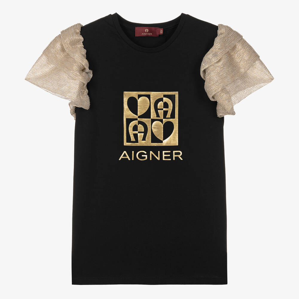 AIGNER - Teen Girls Black & Gold Cotton Top | Childrensalon