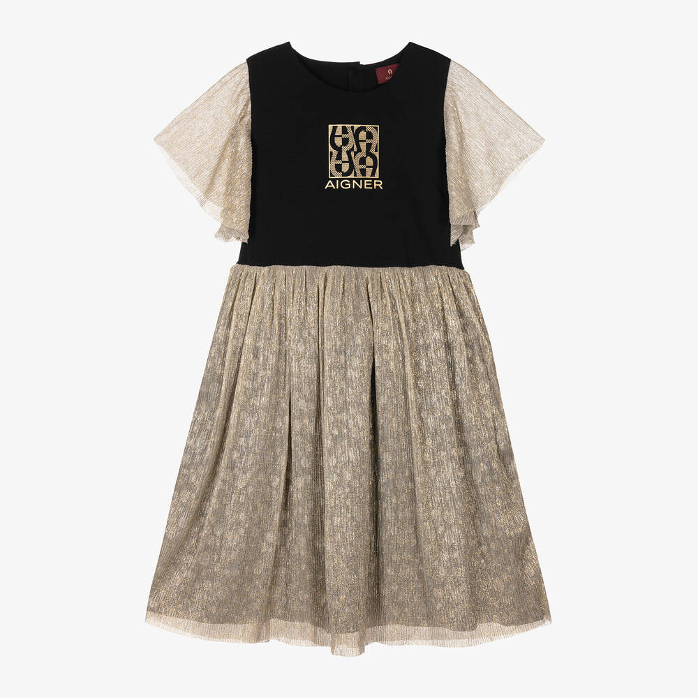 AIGNER - Teen Girls Black & Metallic Gold Dress | Childrensalon