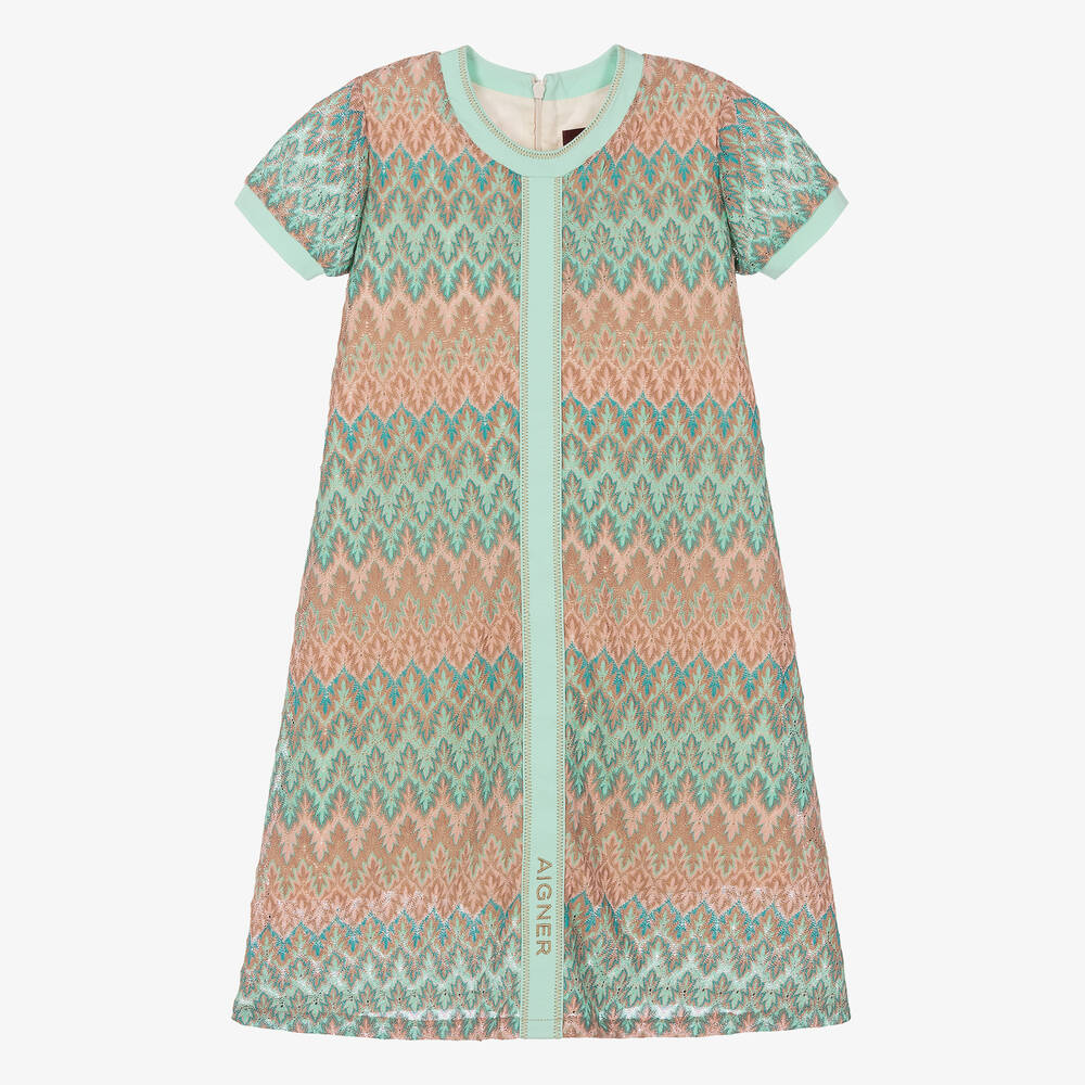 AIGNER - Teen Girls Green & Pink Knitted Lace Dress | Childrensalon