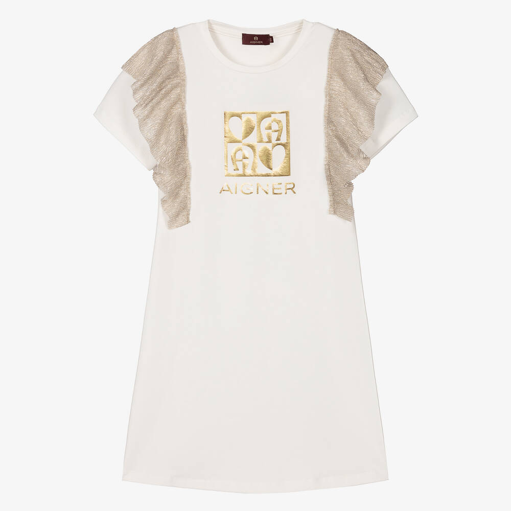 AIGNER - Teen Girls Ivory & Metallic Gold Cotton Dress | Childrensalon