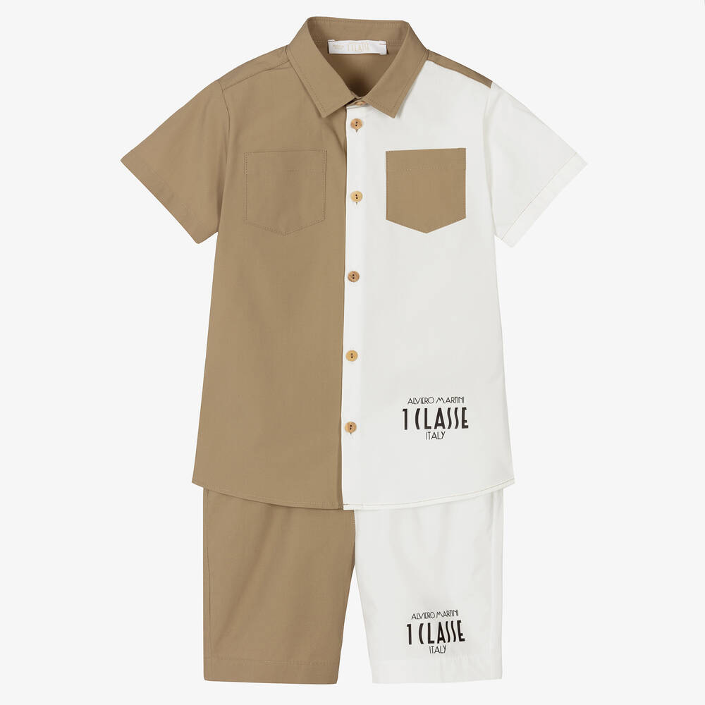 Alviero Martini - Boys Beige & White Cotton Shorts Set | Childrensalon