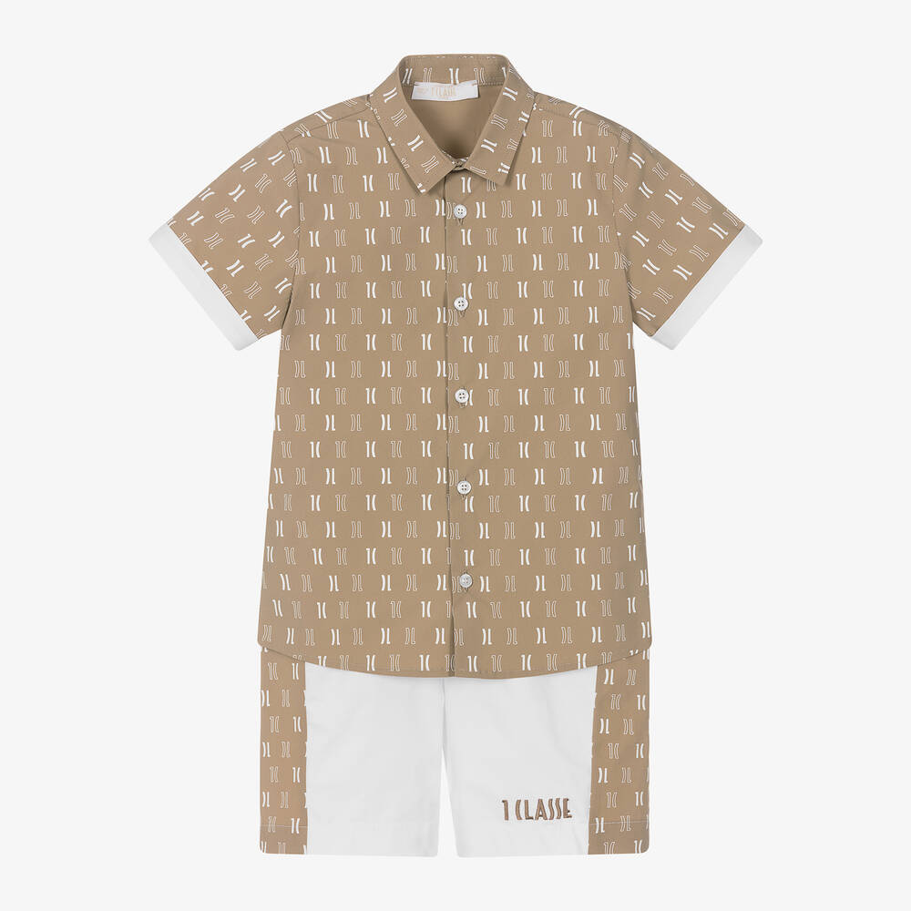 Alviero Martini - Boys Beige & White Cotton Shorts Set | Childrensalon