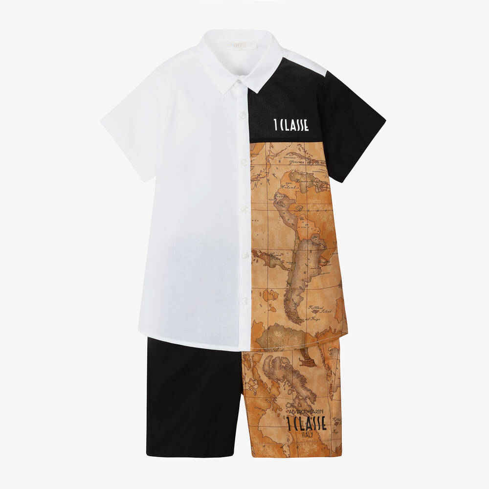 Alviero Martini - Boys Black & Beige Cotton Geo Shorts Set | Childrensalon