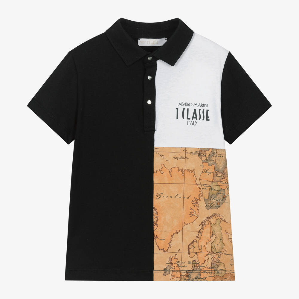 Alviero Martini - Boys Black Geo Map Cotton Polo Shirt | Childrensalon