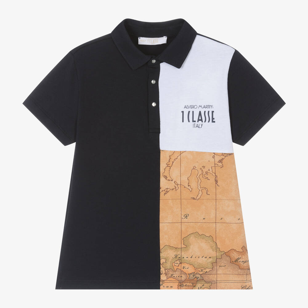 Alviero Martini - Boys Blue Cotton Geo Map Polo Shirt | Childrensalon