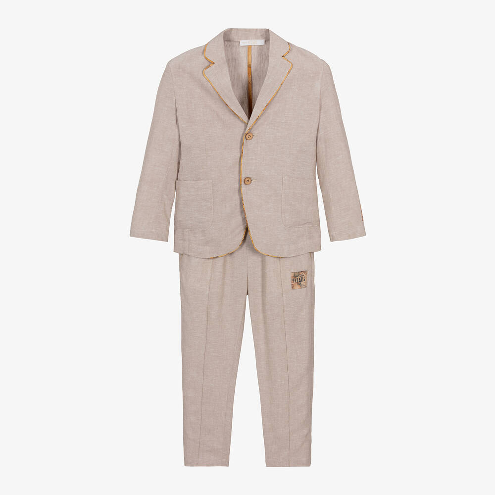 Alviero Martini - Boys Light Beige Geo Map Linen Suit | Childrensalon