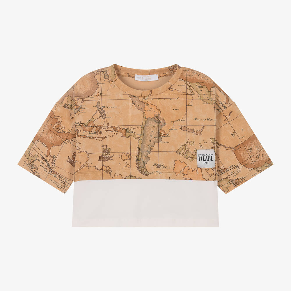 Alviero Martini - Girls Dark Beige Geo Cropped T-Shirt | Childrensalon