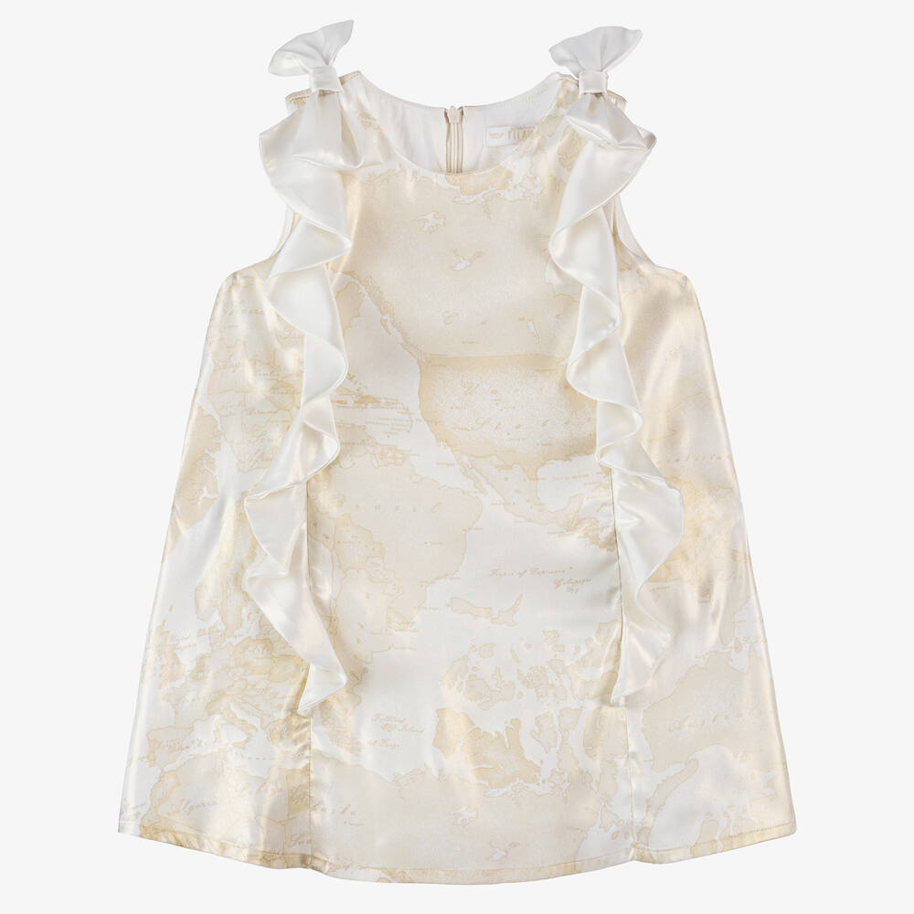 Alviero Martini - Girls Ivory Satin Geo Map Print Dress | Childrensalon