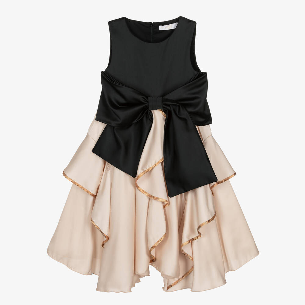 Alviero Martini - Girls Pale Gold & Black Bow Dress | Childrensalon