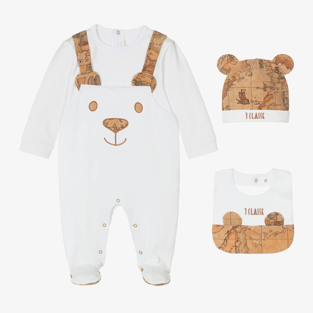 Alviero Martini - Ivory Geo Map Bear Cotton Babygrow Set | Childrensalon