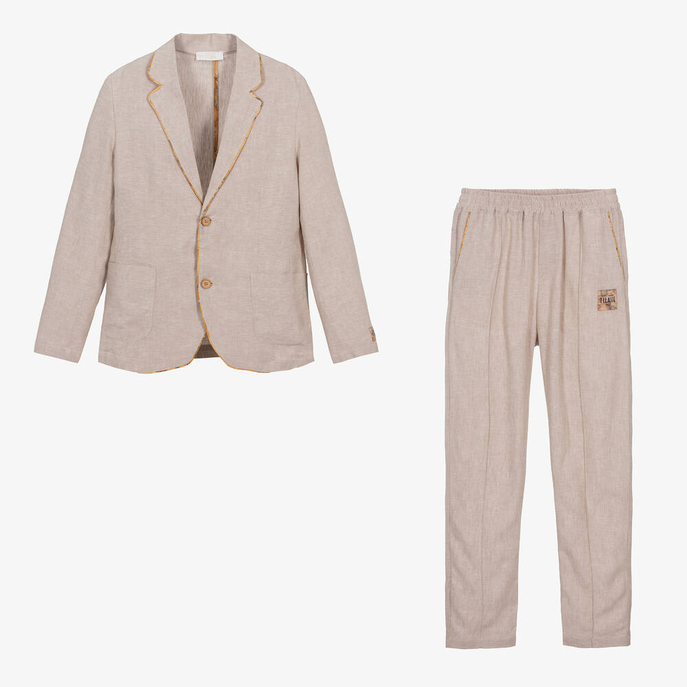 Alviero Martini - Teen Boys Light Beige Geo Map Linen Suit | Childrensalon