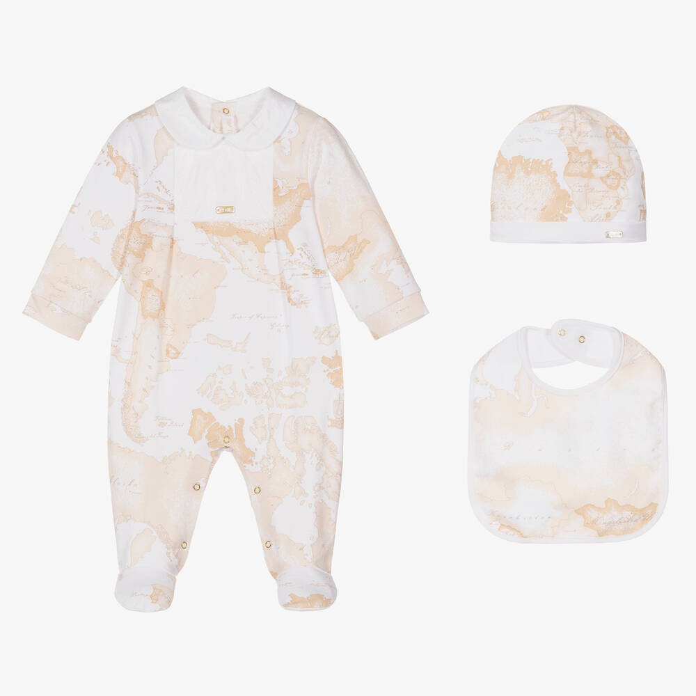 Alviero Martini - White & Light Beige Geo Map Babygrow Set | Childrensalon