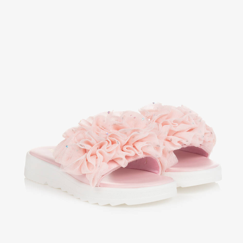 Angel's Face - Girls White & Pink Ruffle Sliders | Childrensalon