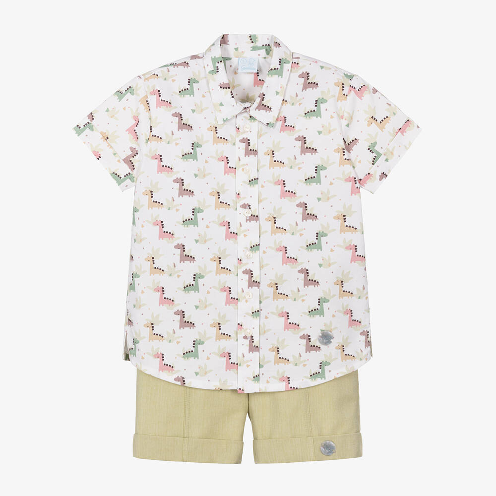 Artesanía Granlei - Boys Green Cotton Dinosaur Print Shorts Set | Childrensalon