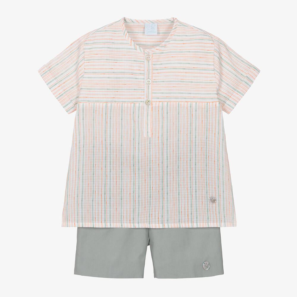 Artesanía Granlei - Boys Green Stripe Cotton Shorts Set | Childrensalon