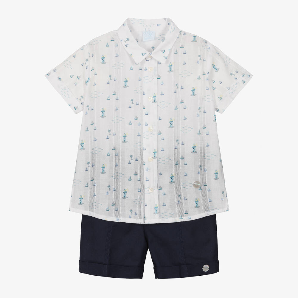 Artesanía Granlei - Boys White & Blue Cotton Shorts Set | Childrensalon