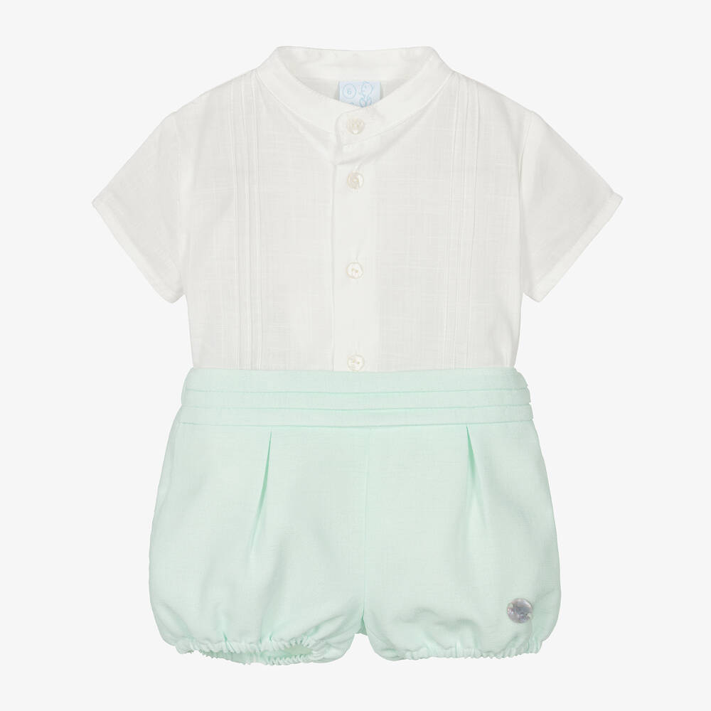 Artesanía Granlei - Boys White & Green Organic Cotton Shorts Set | Childrensalon