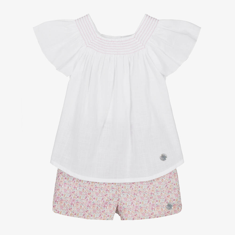 Artesanía Granlei - Girls White & Floral Cotton Shorts Set | Childrensalon