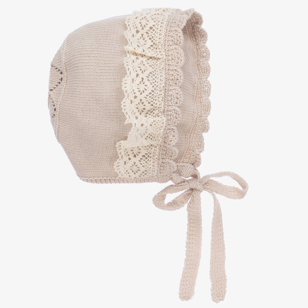 Artesanía Granlei - Bonnet beige à liseré en dentelle bébé | Childrensalon