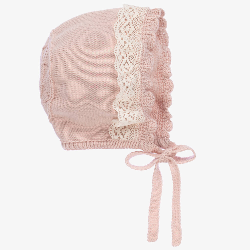 Artesanía Granlei - Bonnet rose à liseré en dentelle bébé | Childrensalon