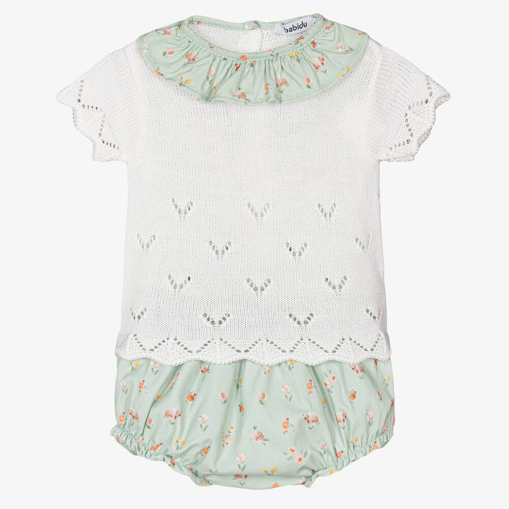 Babidu - Baby Girls Ivory & Green Floral Shorts Set | Childrensalon