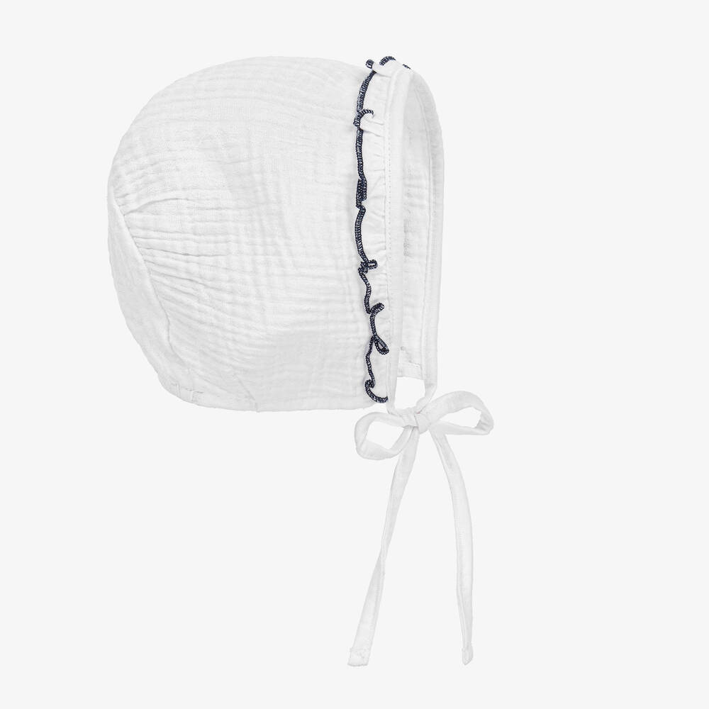 Babidu - Baby Girls White & Blue Cotton Bonnet | Childrensalon