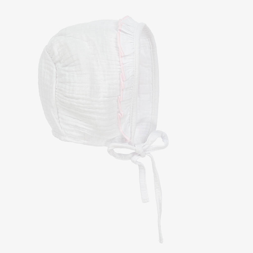 Babidu - Baby Girls White & Pink Cotton Bonnet | Childrensalon