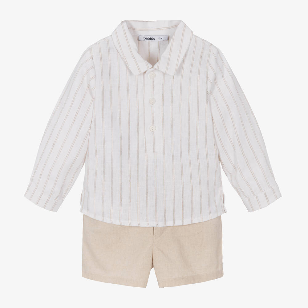 Babidu - Boys Beige Striped Cotton Shorts Set | Childrensalon