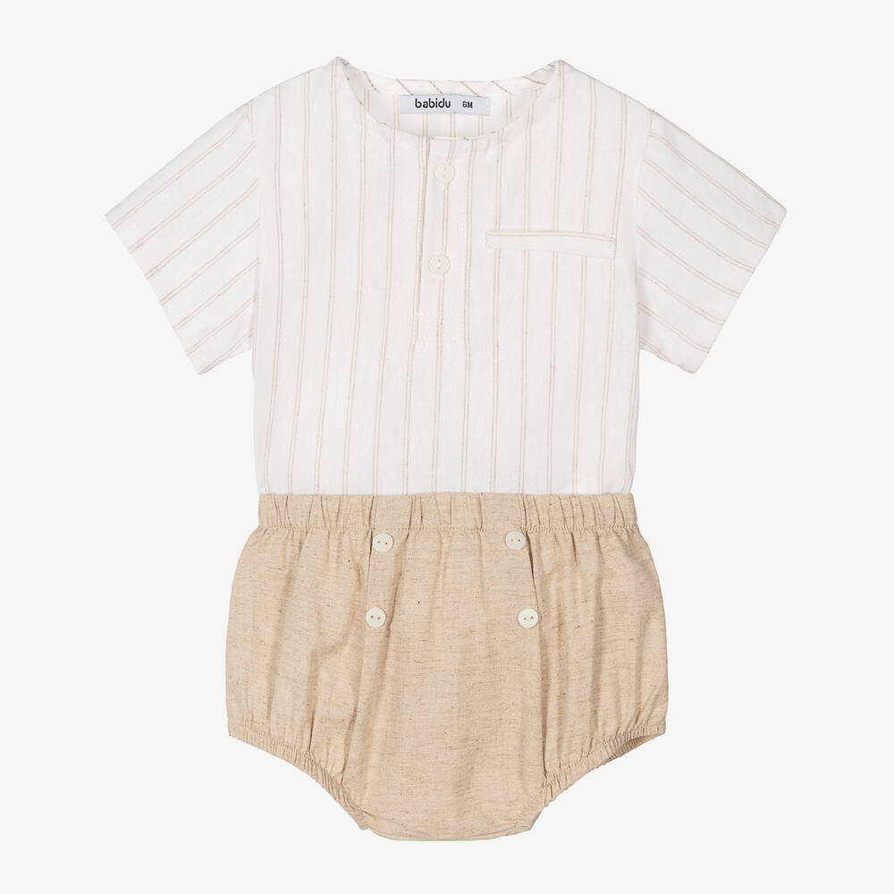 Babidu - Boys Beige Striped Cotton Shorts Set | Childrensalon