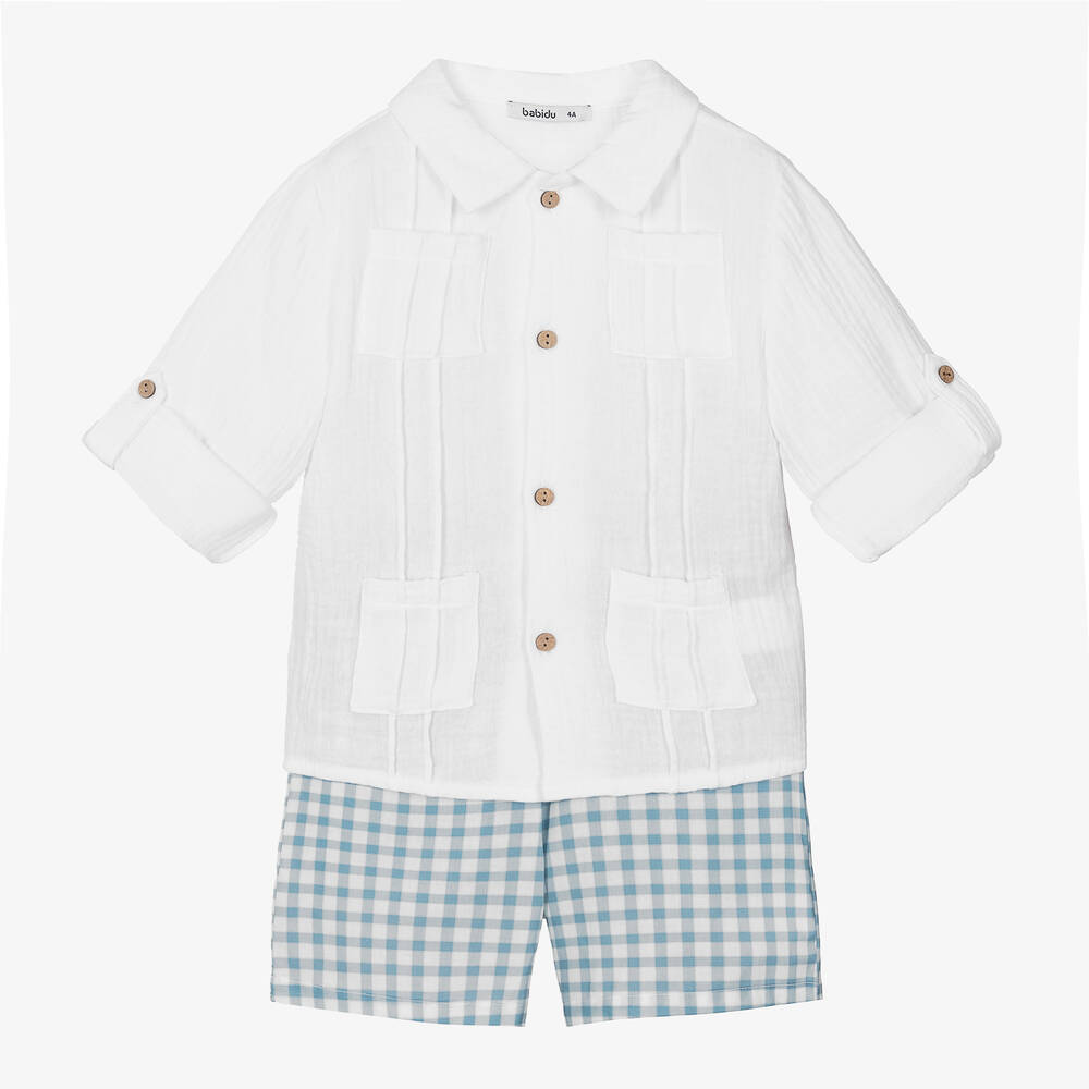 Babidu - Boys Blue Gingham Cotton Shorts Set | Childrensalon