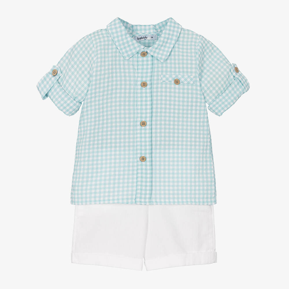 Babidu - Boys Blue Gingham Cotton Shorts Set | Childrensalon