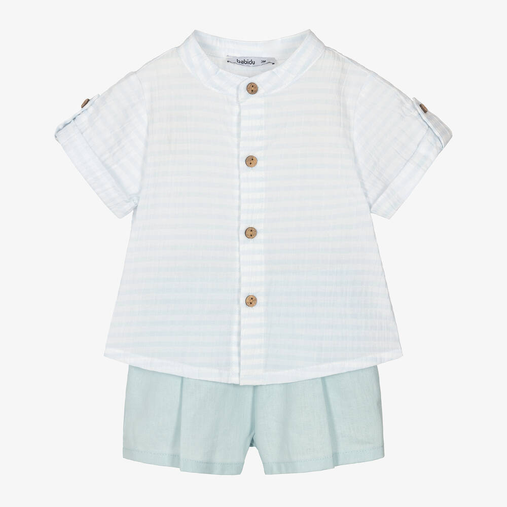 Babidu - Boys Blue Linen & Cotton Shorts Set | Childrensalon