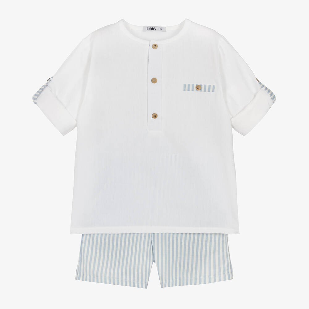 Babidu - Boys Blue Striped Cotton Shorts Set | Childrensalon