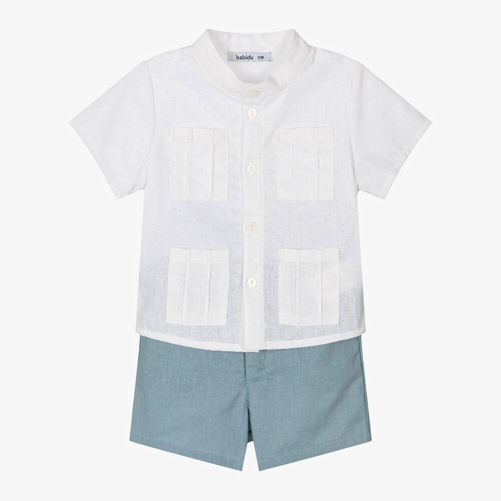 Babidu - Boys Ivory & Blue Linen Shorts Set | Childrensalon