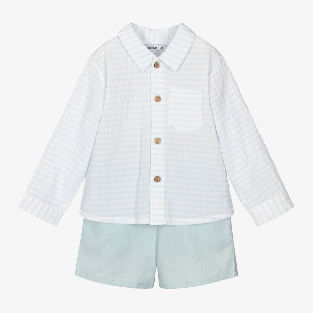 Babidu - Boys Pale Blue Cotton & Linen Shorts Set | Childrensalon