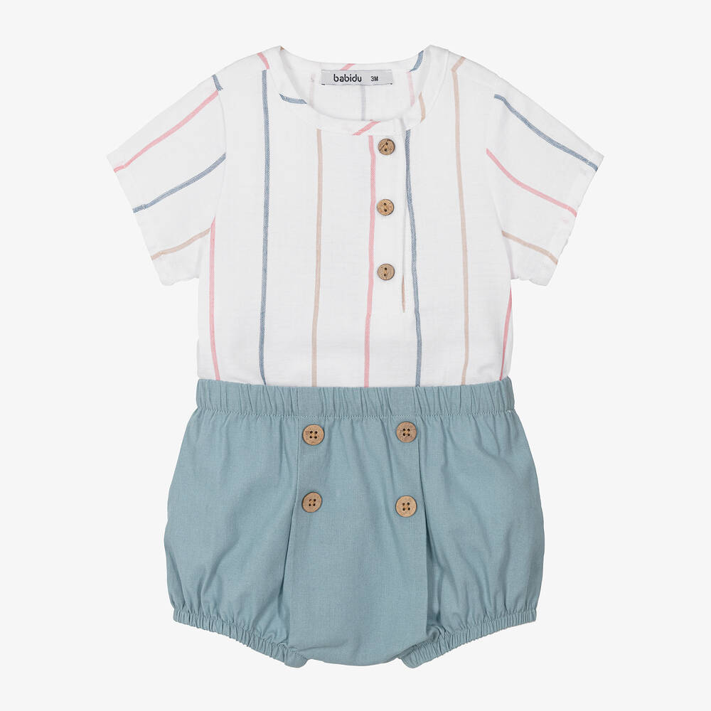 Babidu - Boys White & Blue Cotton Shorts Set | Childrensalon