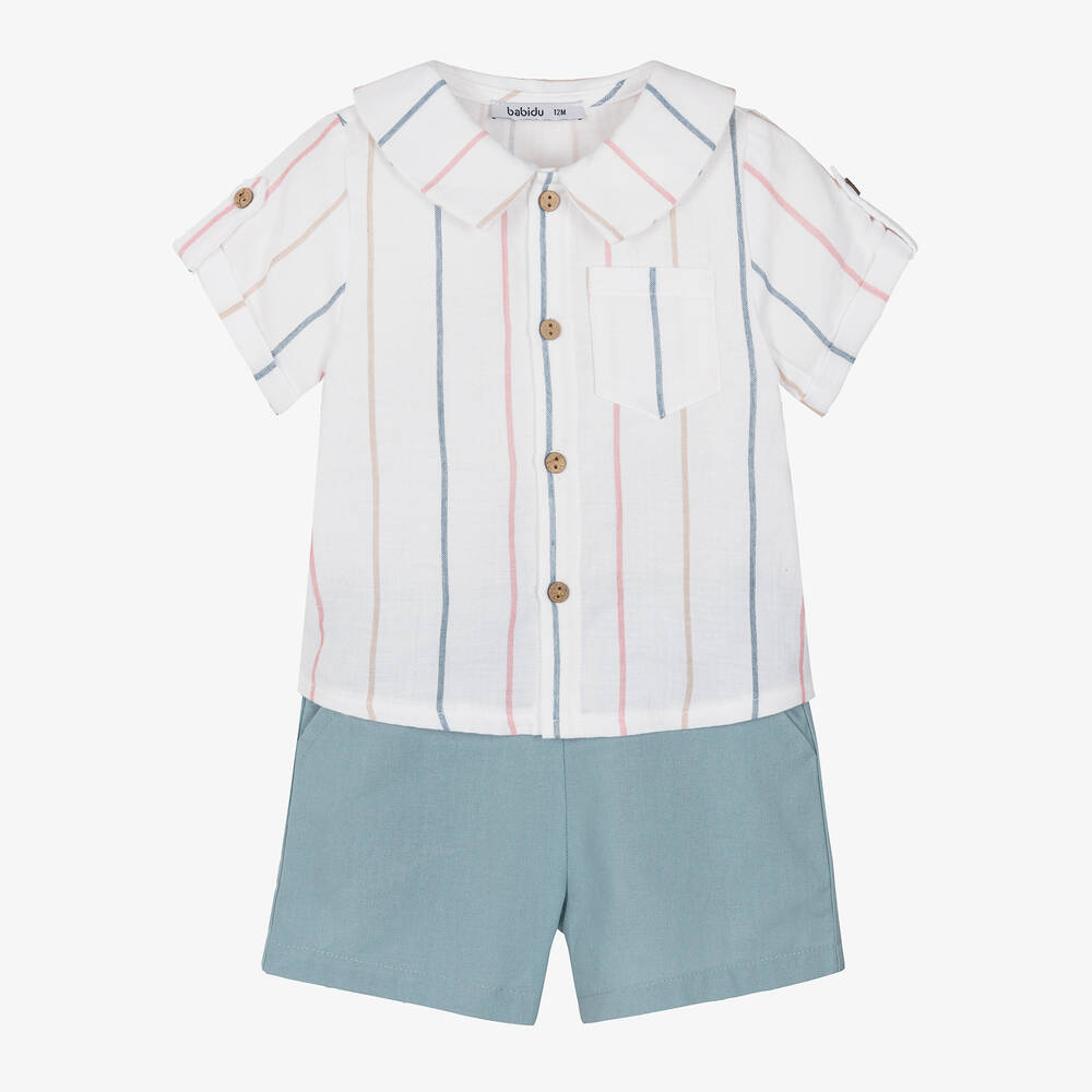 Babidu - Boys White & Blue Cotton Shorts Set | Childrensalon