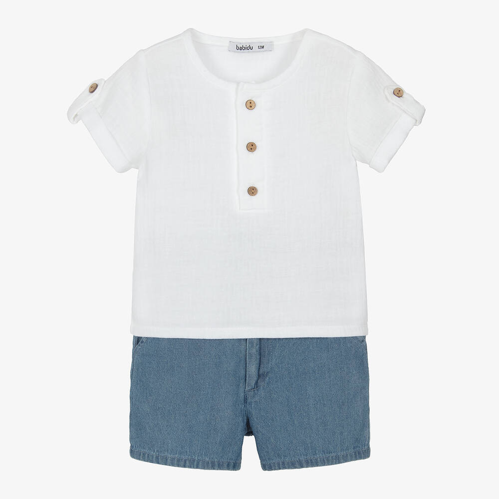 Babidu - Boys White & Blue Cotton Shorts Set | Childrensalon