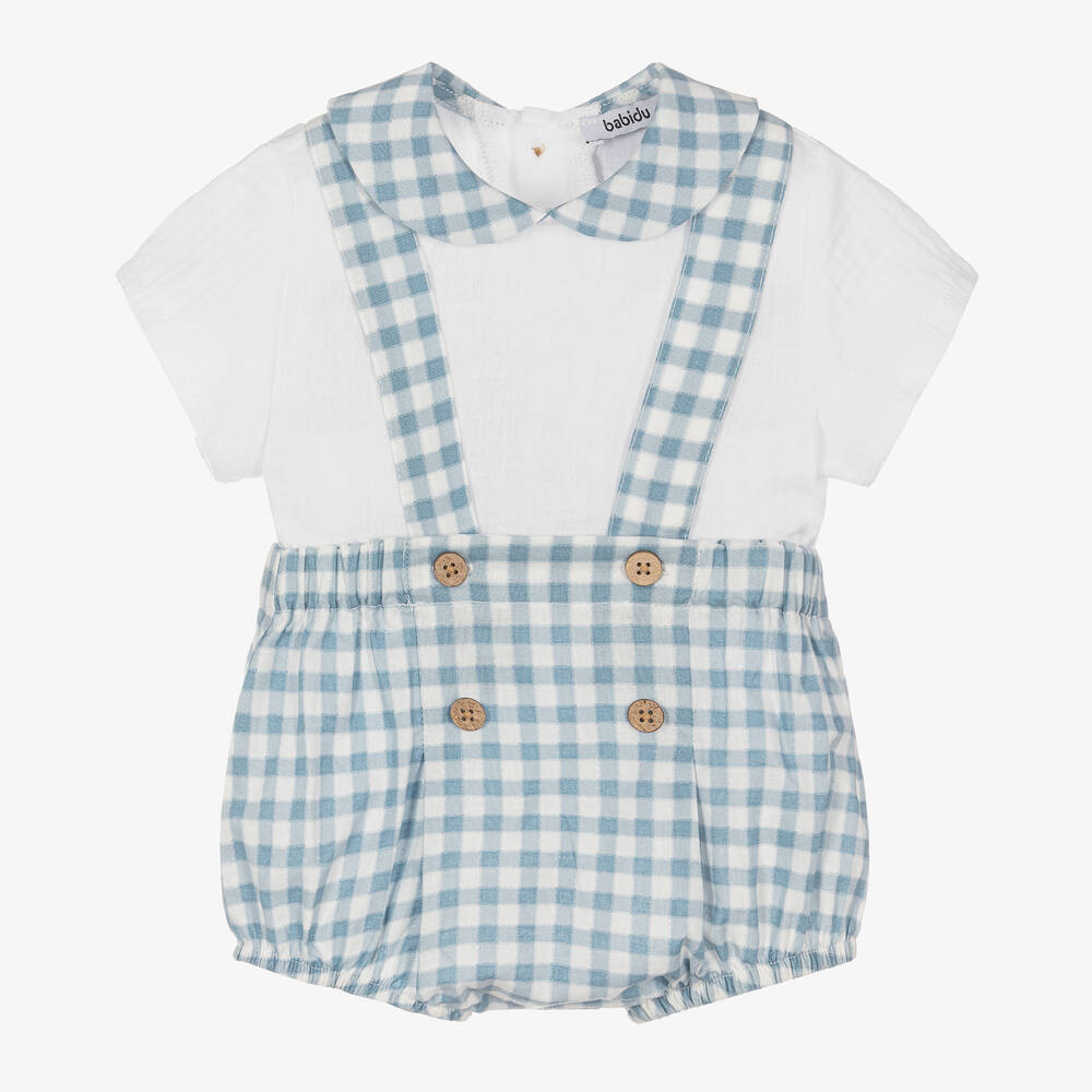 Babidu - Boys White & Blue Gingham Shorts Set | Childrensalon