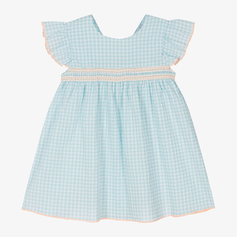 Babidu - Girls Aqua Green Shirred Seersucker Dress | Childrensalon