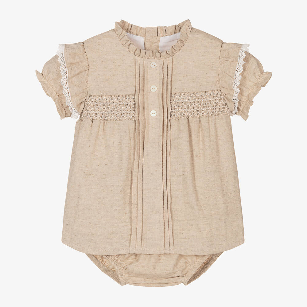 Babidu - Girls Beige Cotton & Linen Smocked Dress | Childrensalon