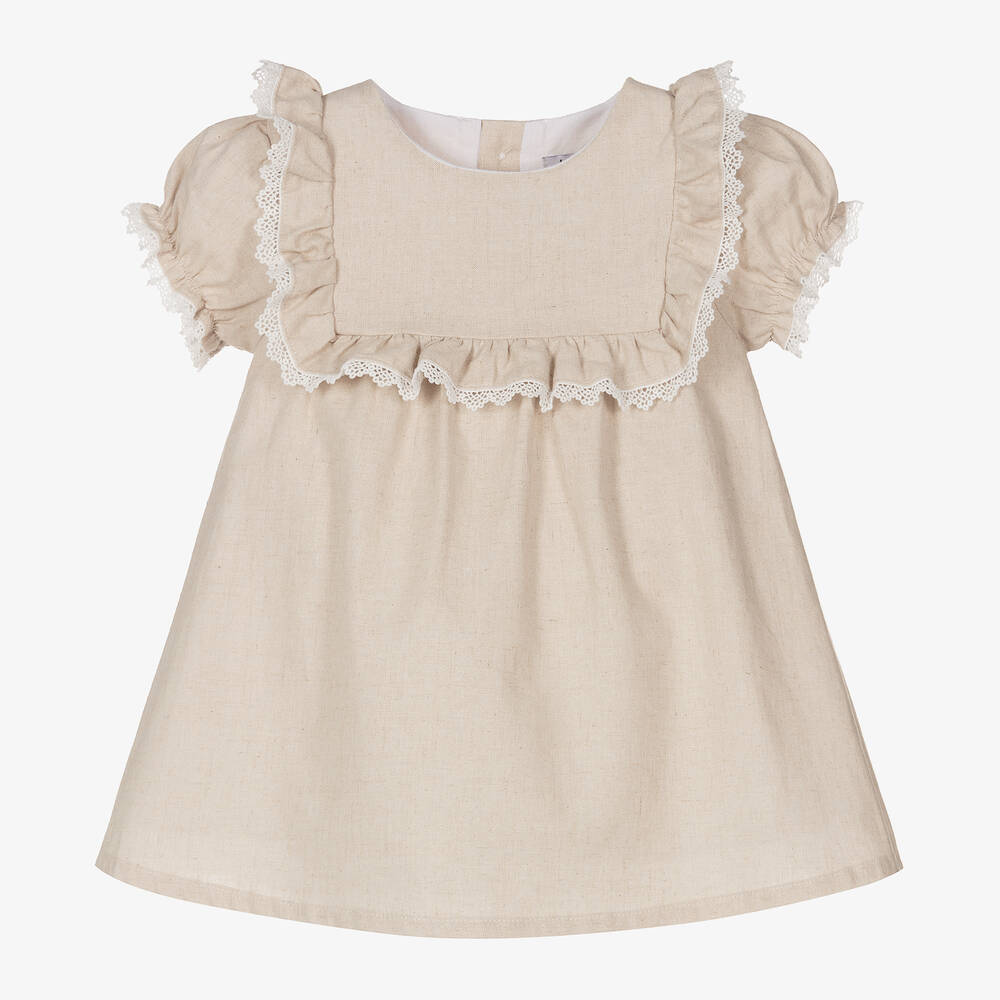 Babidu - Girls Beige Linen & Cotton Lace Dress | Childrensalon