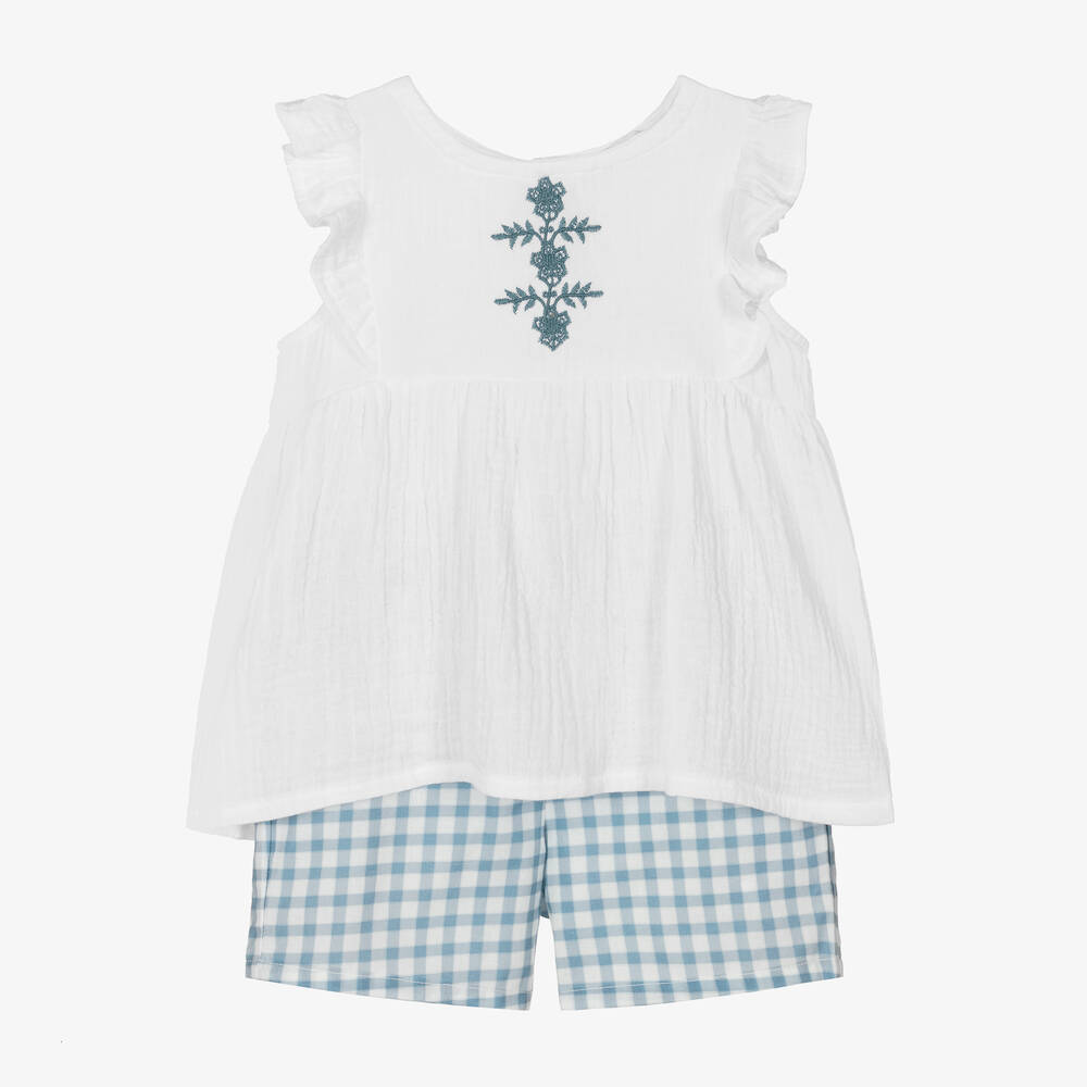 Babidu - Girls Blue Check Cotton Shorts Set | Childrensalon