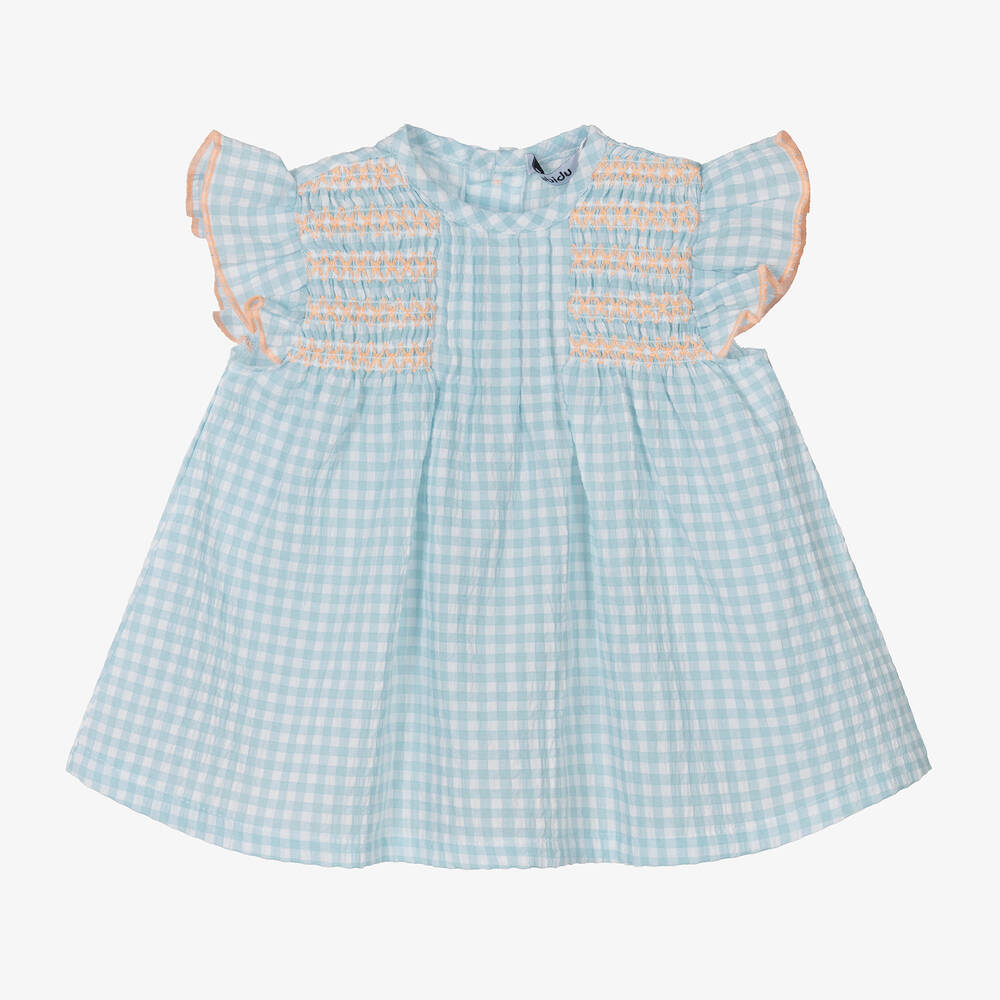 Babidu - Girls Blue Gingham Seersucker Dress  | Childrensalon